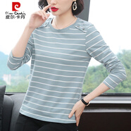 皮爾卡丹（pierre cardin）純.棉長袖t恤女寬松2025春秋裝新款外穿條紋上衣打底衫 2838藍白條紋  4XL 建議145-160斤