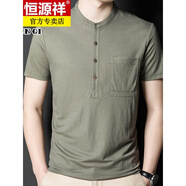 恒源祥品牌高檔男裝 亞麻短袖T恤男士夏季上衣中年爸爸體恤夏裝翻領(lǐng)棉麻布潮流半袖衫百搭 01綠色 185/XXXL