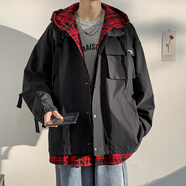 牧唯假兩件鋒沖上衣外套男女春秋冬季潮牌休閑寬松大碼工裝加棉厚夾克 J6818黑色常規(guī) L [建議110-125斤]