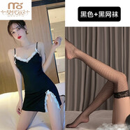 莫代爾2025新款時(shí)尚開(kāi)叉性感v領(lǐng)拼接蕾絲包臀無(wú)袖連衣裙吊帶睡裙女 黑色+黑網(wǎng)襪 4XL碼（建議140-155斤）