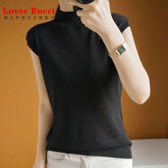 LOVER RUCCI法國 夏季新款桑蠶絲半高領(lǐng)超薄針織衫短袖女氣質(zhì)上衣寬松休閑T恤 黑色 S