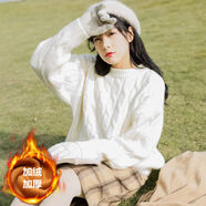 凡摩喬秋冬女學(xué)生加絨加厚麻花毛衣韓版大媽針織衫慵懶風(fēng)寬松保暖打底衫 象牙白 全身 加絨 M 建議95-110斤穿