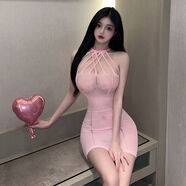 奈久留美風(fēng)掛脖鏤空透視連衣裙緊身顯辣妹蹦迪超短背心裙潮 粉紅色 均碼