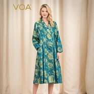 VOA色織提花桑蠶絲翻領(lǐng)長(cháng)袖英倫雙排金屬扭扣裙擺型真絲風(fēng)衣 F320 花間-牡丹（Q15） XL