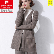 皮爾卡丹女裝春秋中長(zhǎng)款外搭女針織開(kāi)衫修身顯瘦開(kāi)叉毛衣外套 咖色388 L 110-120斤穿