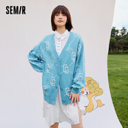 森馬森馬針織衫女中長(cháng)款V領(lǐng)2022秋新款oversize老花提花卡通開(kāi)衫休閑 藍色調0188 150/76A/XS