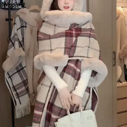 沐銘爾萊斗篷披肩女秋冬款冬季新款小香風(fēng)針織披風(fēng)斗篷連帽大毛領(lǐng)外套女韓版披肩格子呢大衣 格子版薄款 80-160斤均可穿