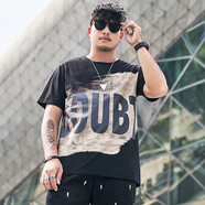 情緣貴族（QINGYUANGUIZU）大碼男裝夏季加肥加大肥佬短袖T恤寬松純棉潮胖子衣服肥胖人半袖 19052黑色 3XL(191斤到210斤)