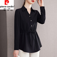 皮爾卡丹（pierre cardin）真絲襯衫女夏季新款寬松收腰顯瘦遮肚子襯衣高端桑蠶絲氣質(zhì)上衣 WYX89040黑色 L (95-110斤)