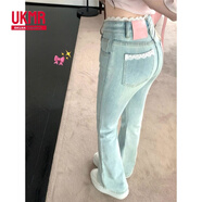 UKMR蕾絲拼接少女感微喇彈力牛仔褲女2025新款淺色高腰顯瘦提臀喇叭褲 淺藍(lán)色 S 80-95斤