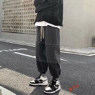 魯賓克牛仔褲男寬松束腳春秋季褲子男美式潮牌男士九分束腳褲運動休閑褲 WK-K283黑色 S (建議體重90-105斤)