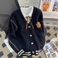 純邇小熊刺繡針織開(kāi)衫女外套秋冬新款毛衣女裝百搭寬松溫柔風(fēng)針織上衣 黑色 常規(guī) M（建議穿95-110斤）