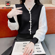 AEMAPE2025春秋季新款女裝長(cháng)袖打底針織衫女蕾絲拼接高級感顯瘦V領(lǐng)內搭 黑色 L