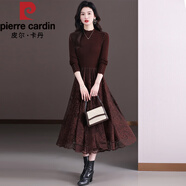 皮爾卡丹（pierre cardin）蕾絲長(zhǎng)款羊|毛連衣裙秋裝新款女士針織毛|衣打底衫配大|衣蕾絲裙 咖色 半高領(lǐng) XL