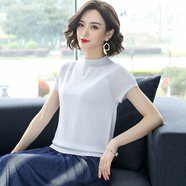 OLOEYins短袖T恤女新款潮寬松冰絲針織衫夏季薄款 珍珠白 #L