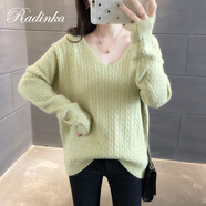 Radinka 2025秋冬新款毛衣女V領(lǐng)純色麻花針織衫打底衫套頭寬松長(zhǎng)袖外套女 淺黃色 XL