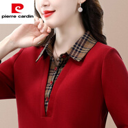 皮爾卡丹（pierre cardin）棉長袖t恤女有翻領(lǐng)中年闊太太假兩件上衣洋氣小衫外穿打底衫 紅色 4XL