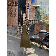 丹珠娜（DanZhuNa）早秋新款針織連衣裙女裝法式穿搭長裙打底吊帶裙兩件套套裝裙秋季 格紋襯衣+吊帶裙子 S
