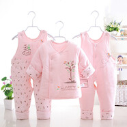 凡不了嬰兒棉衣套裝雙背帶褲加厚冬季0-1-2歲男女寶寶新生兒衣服三件套 樹之歌粉色 90碼80-90CM