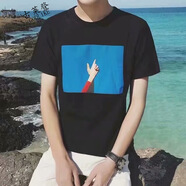 楠子漢夏季韓版男士T恤男短袖圓領(lǐng)修身體恤半袖衣服男裝打底衫潮流上衣 短袖藍(lán)天-黑色 XL