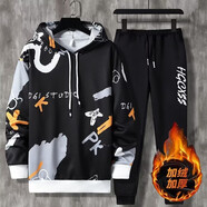 宗獅猴 (上衣+褲子）男款短袖短褲夏天套裝男生籃球服夏季韓版全套衣服 黑色連帽（加絨加厚秋冬款二件套） M