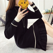 中長款加絨毛衣女秋冬季新款韓版學(xué)生寬松打底衫針織毛衣連衣女 黑色 S碼