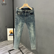 啄木鳥(niǎo)（TUCANO）牛仔褲男2024春秋新款韓版修身九分褲時(shí)尚破洞顯瘦小腳褲 藍色 28 (收藏加購襪子)