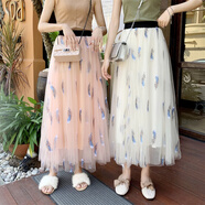 秋天的裙子長(cháng)裙秋冬黑色網(wǎng)紗半身裙中長(cháng)款女甜美高腰a字裙紗裙蓬蓬裙中長(cháng)裙 羽毛刺繡粉色 90cm裙長(cháng)