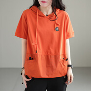 錦彩灣有戴帶帽孑的棉半袖連帽短袖帽衫t恤女士2025夏裝新款寬松洋氣 橙色 4XL(建議160斤-180斤)