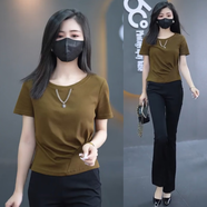 婳如嫣圓領(lǐng)短袖T恤女2025夏季新款收腰顯瘦百搭時(shí)尚小衫洋氣減齡上衣潮 卡其色 3XL (125-135斤)