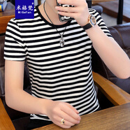 米格梵（MIGEFAN）衣服港風(fēng)ins潮純棉橫條紋紅白T恤男潮牌修身斑馬黑白短袖潮流半袖 黑色 4XL