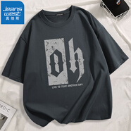 真維斯（JEANSWEST）短袖t恤純棉新款青少年學(xué)生美式字母寬松短袖汗衫體恤衫情侶短袖 深灰（錯(cuò)位英文） L(推薦體重110斤-130斤左右)