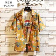 蘇京貓港風(fēng)碎花襯衫男潮夏季短袖襯衣寬松大碼復古痞帥沙灘上衣服夏威夷 109花鳥(niǎo)上衣-姜黃色 M