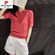 皮爾卡丹品牌 針歐洲站Polo領(lǐng)冰絲針織衫女夏季新款洋氣上衣百搭半袖T 紅色 L