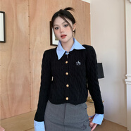 KAHTOP2025春秋新款學(xué)院風(fēng)POLO領(lǐng)假兩件拼接針織衫女毛衣開衫WTC 復(fù)古麻花刺繡黑色 均碼