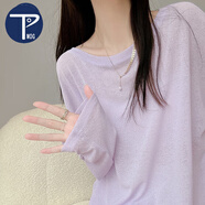 PMOG白色針織t恤女長袖罩衫夏季冰絲寬松打底衫薄款透視外穿上衣 紫色 XL 建議115-130斤