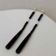 古苒黑瑪瑙石925銀貝珠耳線(xiàn)蚊香盤(pán)耳夾設計感耳環(huán)耳飾 黑色一對