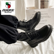 西域駱駝（VANCAMEL）真皮馬丁靴男款英倫風(fēng)春夏百搭工裝機車(chē)男靴ins黑色高幫皮鞋短靴 黑色八孔加絨款 (加絨拍大一碼) 37