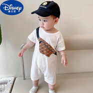 迪士尼嬰兒衣服夏季0-2歲寶寶短袖連體衣男孩卡通新生兒純棉薄款爬服 白色【背包短袖連體衣】 90cm 建議12-14個(gè)月，18-24斤