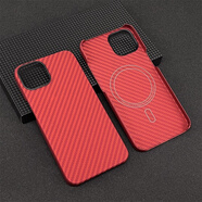 cancelcance1 磁吸芳綸凱夫拉手機(jī)殼適用蘋果iPhone13/Pro/Max碳纖維保護(hù)套半包輕薄防指紋 13半包橡膠圈黑紅 兼容Magsafe