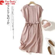 皮爾卡丹（pierre cardin）日系出口尾貨純色休閑棉麻連衣裙女夏收腰綁繩亞麻字中長(zhǎng)裙針 粉色 XL【130-145斤】