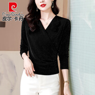 皮爾卡丹（pierre cardin）秋款洋氣V*領(lǐng)女士打底衫春秋2025新款長(cháng)*袖T恤媽媽秋裝內搭時(shí)尚上 黑色 3XL [140-155斤]
