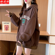 格邏依（GELUOYI）加絨衛(wèi)衣女寬松2024春秋冬新款中長款遮臀慵懶風(fēng)學(xué)生外套衣服女裝 咖啡色【春秋款】 L【110-130斤】