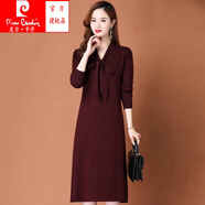 皮爾卡丹（pierre cardin）羊毛衫女秋冬蝴蝶結(jié)洋氣顯瘦連衣裙中長款羊毛針織毛衣裙子 酒紅 S