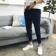 增仔港版新款九分褲男韓版修身牛仔褲彈力小腳褲個(gè)性拼接緊身褲鉛筆褲青少年學(xué)生裝 深藍色 28碼