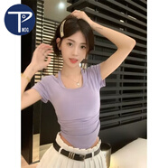 PMOG半截細(xì)吊帶短袖t恤女夏內(nèi)搭外穿性感短款美背打底上衣體恤潮 紫色 S