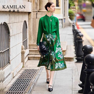 卡米蘭（kamilan）法式復古高腰連衣裙女2025春季新款印花中長(cháng)款a字襯衫裙 綠色 M