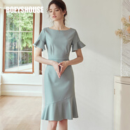 ROEYSHOUSE羅衣氣質(zhì)荷葉袖修身連衣裙夏裝新款簡(jiǎn)約豆綠色魚(yú)尾裙子06539 豆綠色06539 XL