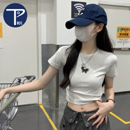 PMOG美式辣妹蝴蝶印花短袖T恤女夏季修身小個(gè)子顯瘦短款露臍上衣ins潮 白灰色（小蝴蝶印花240克） L 91-110斤