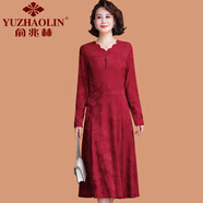 俞兆林（YUZHAOLIN）媽媽婚宴禮服長袖連衣裙喜婆婆2025新款中老年女裝春秋季結(jié)婚裙子 酒紅色 XL (參考90-105斤)